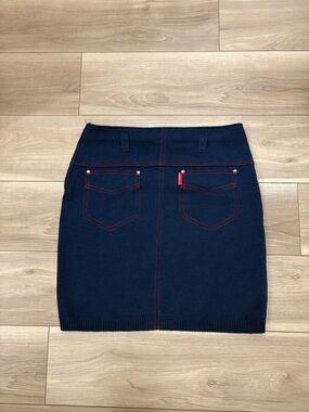 Vintage Navy Knit Mini Skirt with Red Stitching